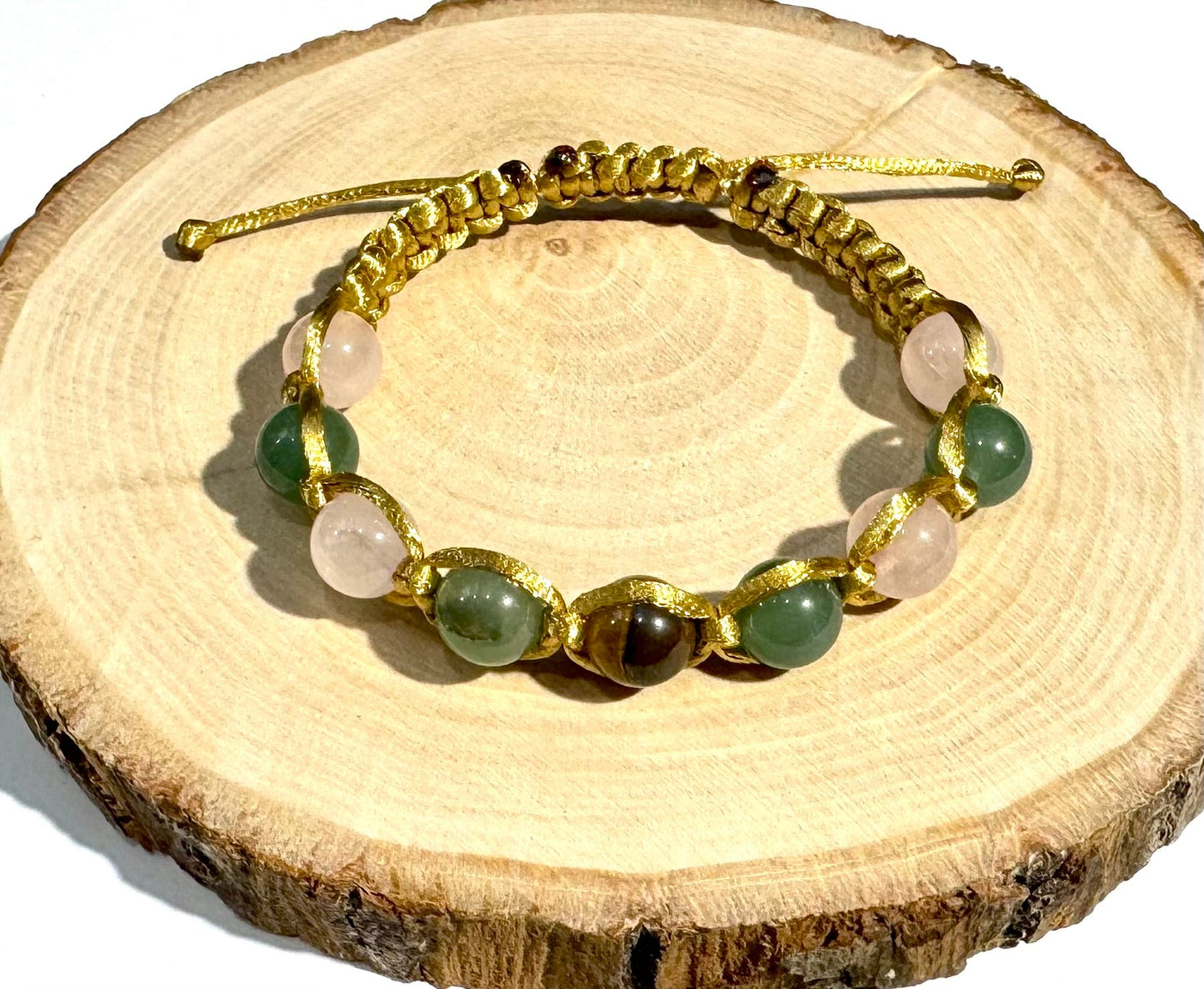 Náramok z minerálov na zlatej šnúrke Ruženín, Zelený avanturín a Tigrie oko-Bracelets-DIARA.sk-DIARA.sk