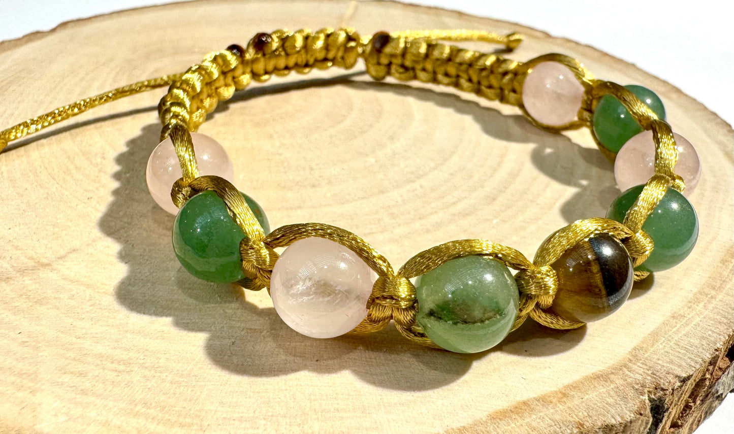 Náramok z minerálov na zlatej šnúrke Ruženín, Zelený avanturín a Tigrie oko-Bracelets-DIARA.sk-DIARA.sk