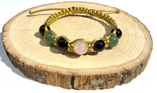 Dámsky šnúrkový zlatý náramok z minerálov Zelený avanturín, Turmalín a Ruženín-Bracelets-DIARA.sk-DIARA.sk