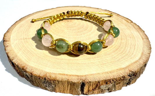 Náramok z minerálov na zlatej šnúrke Ruženín, Zelený avanturín a Tigrie oko-Bracelets-DIARA.sk-DIARA.sk