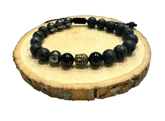 Pánsky náramok Budha z minerálov Turmalín, Lávový kameň a Hematit čierny-Bracelets-DIARA-DIARA.sk