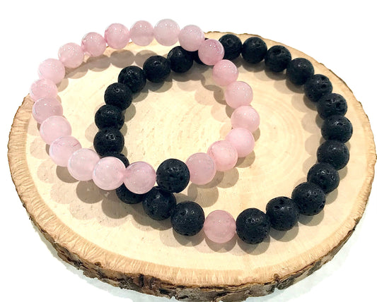 Náramky pre páry z minerálov Ruženín a Lávový kameň guľaté 8 mm-Bracelets-DIARAfashion-DIARA.sk
