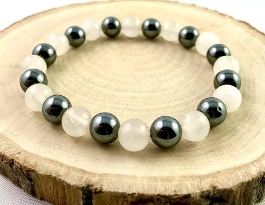 Náramok z minerálov Ruženínu a Hematitu 8 mm ružovo-sivý-Bracelets-DIARAfashion-DIARA.sk