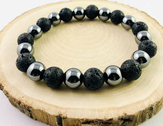 Pánsky náramok z minerálov Lávový kameň a Hematit 10 mm čierny sivý guľatý-Bracelets-DIARAfashion-DIARA.sk